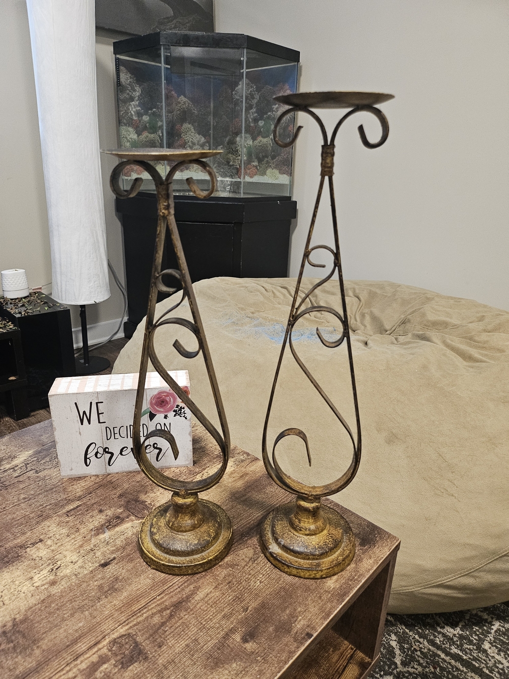 Antique Gold Metal Scroll Candle Holders - Pair